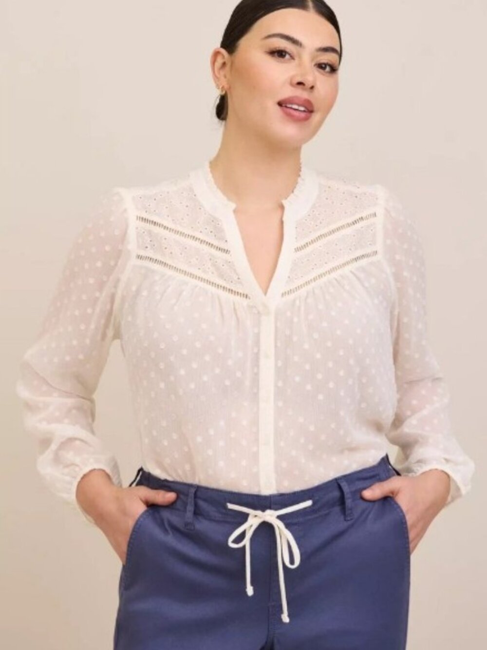Torrid Cream Chiffon Clip Dot & Eyelet Blouse - Plus Size